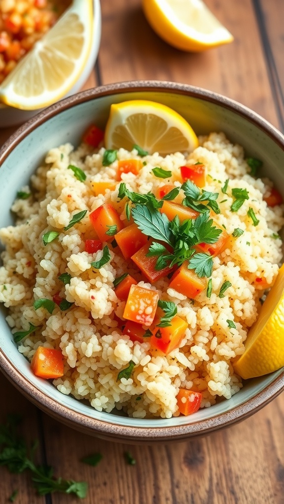A bowl of fluffy quinoa topped with herbs and vegetables on a rustic wooden table.